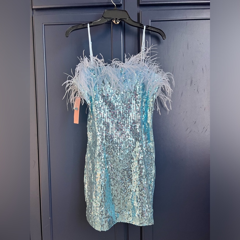 NWT size small Audrey Adele blue sequin feather dress